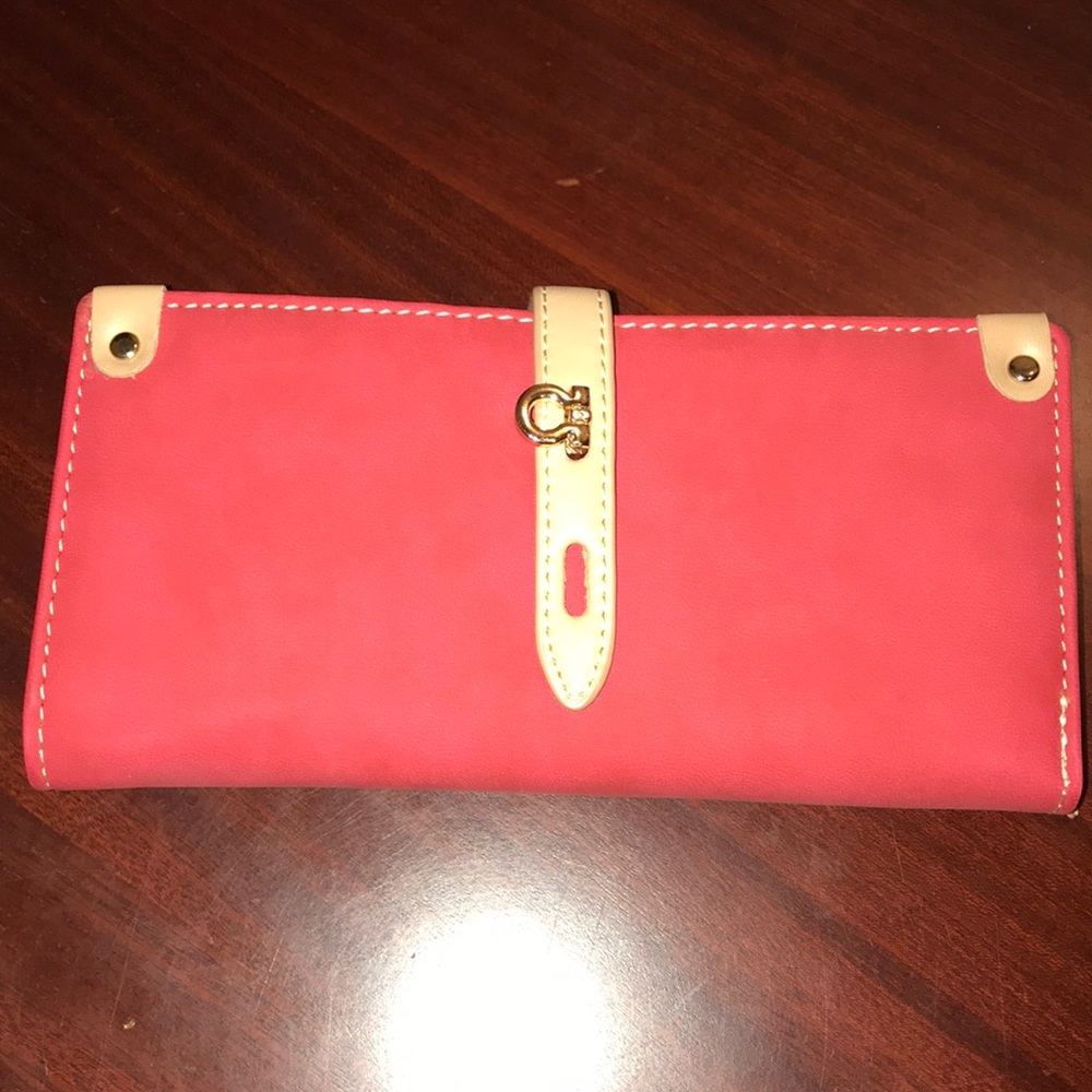 Red faux leather wallet with gold hardware